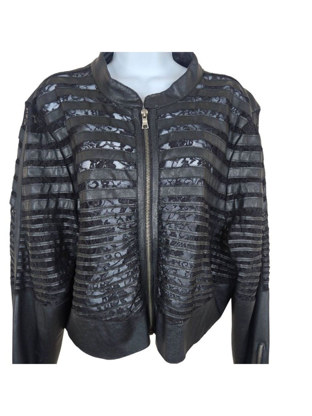 Black Faux Leather Lace Striped Womens 3X Jacket Cropped